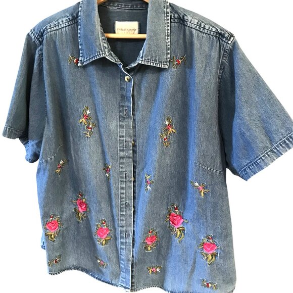 Capistrano Jeans Denim Shirt: Vintage 80s, Pink Red Rose Embroidery, Size L-XL - Picture 5 of 8